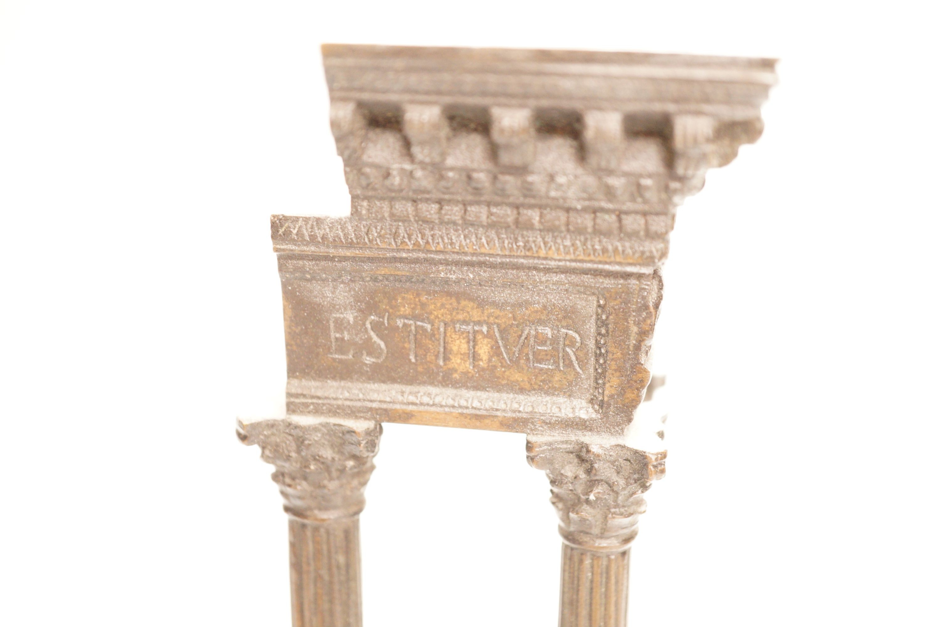 A late 19th century Grand Tour style bronze, temple ruins ‘Estitver’ on marble base, total height 26cm